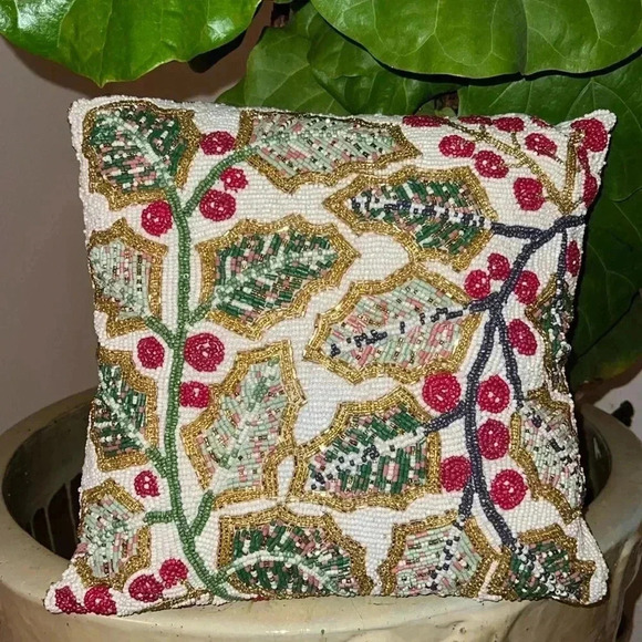 Cherished Traditions Holly & Berry Beaded Accent Pillow Christmas Decor - Picture 1 of 15